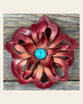 Red Lotus Flower With Round Turquoise Cabochon on a warm cream background
