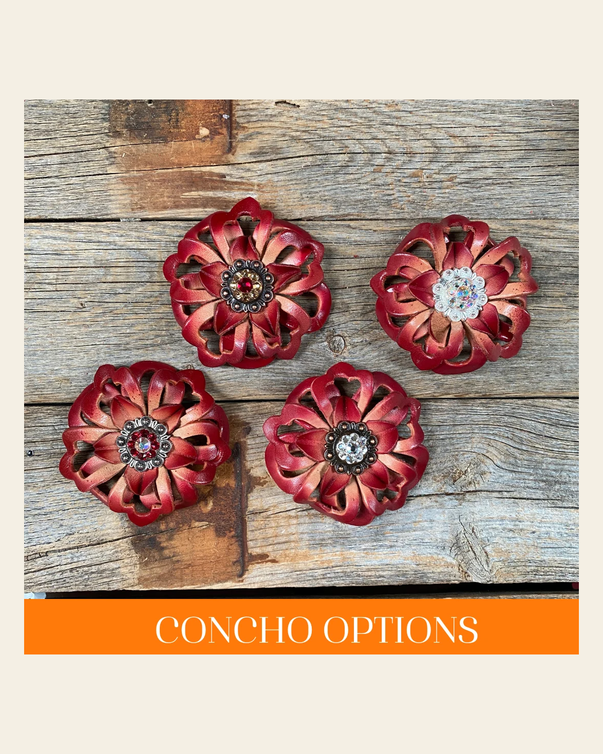 Red Lotus Leather Flowers - 1" Crystal Conchos - Options on a warm cream background