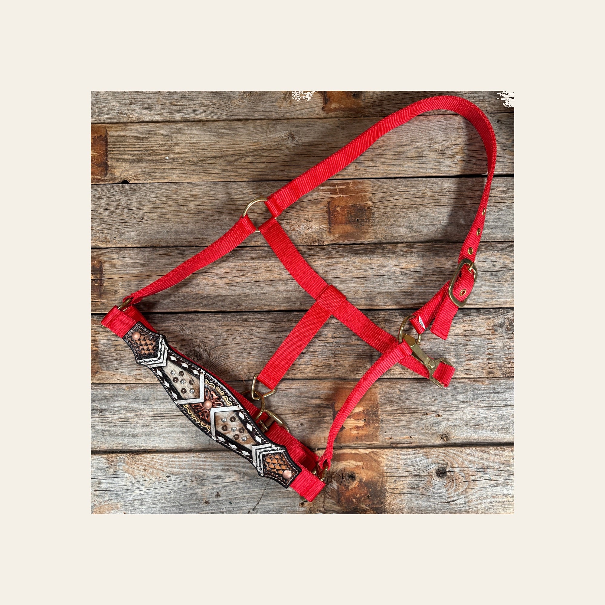 Red Nylon Halter with Cowhide Leather Noseband #NH117