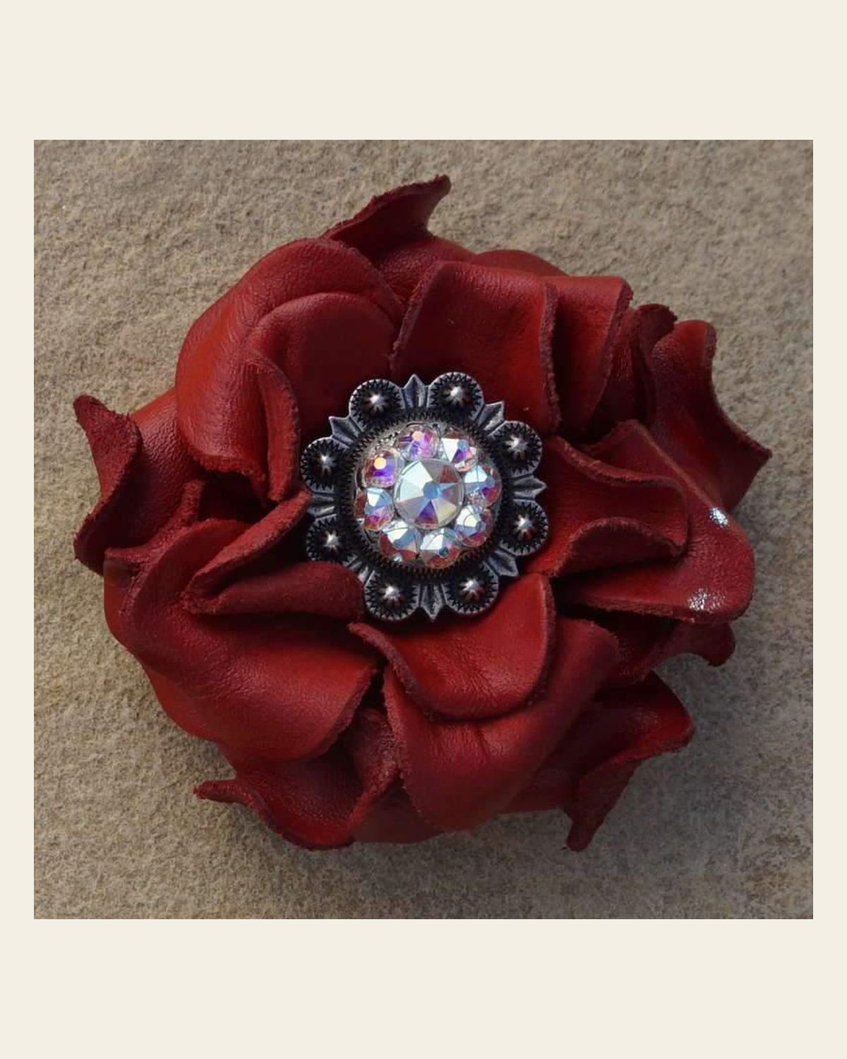 Red Rose Flower With Antique Silver AB 1" Concho on a warm cream background