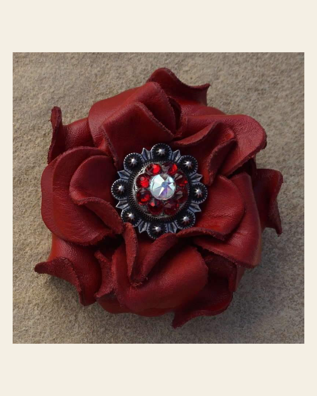 Red Rose Flower With Antique Silver Red & AB 1" Concho on a warm cream background