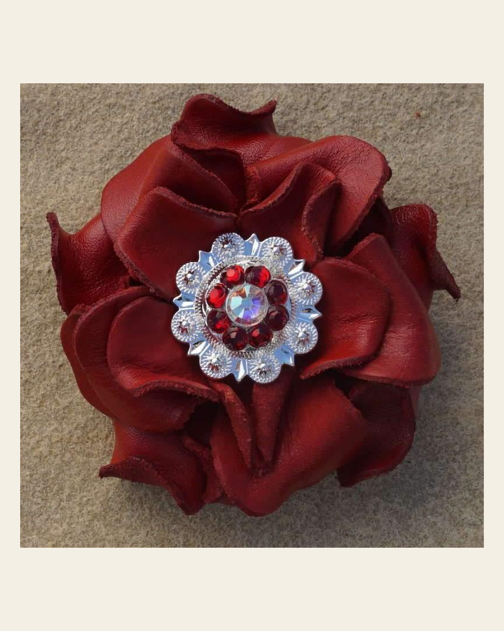 Red Rose Flower With Bright Silver Red & AB 1" Concho on a warm cream background