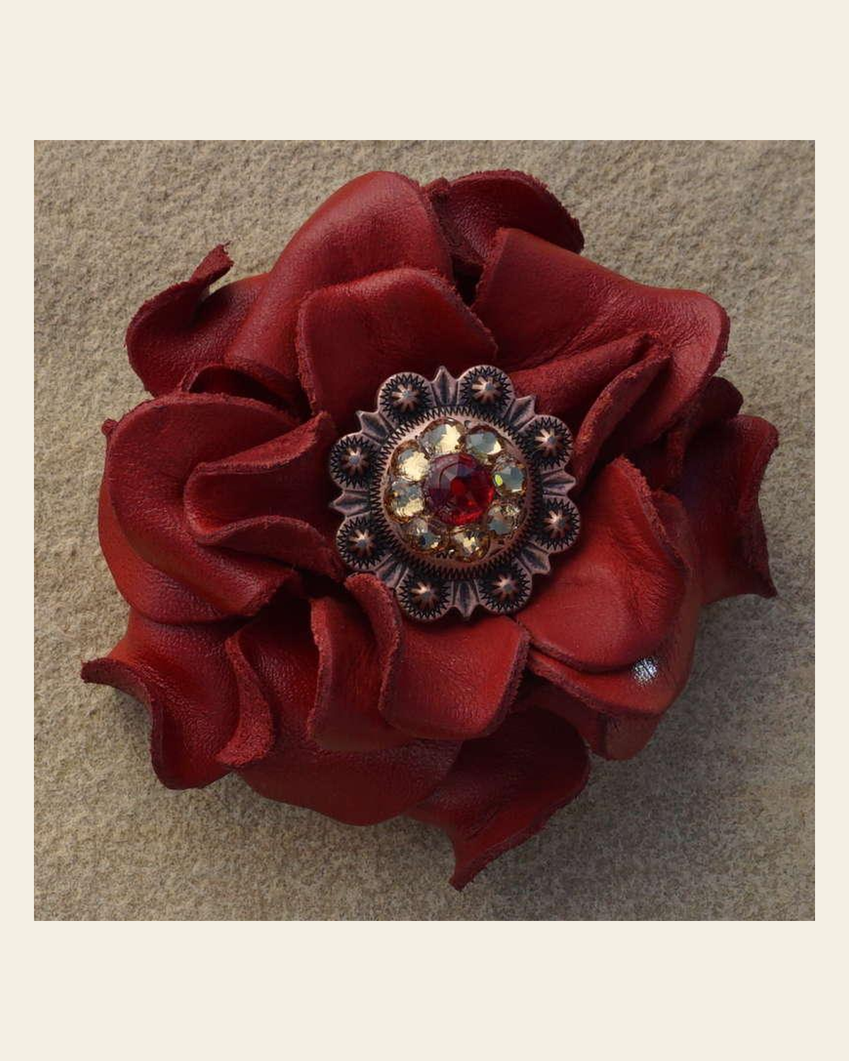 Red Rose Flower With Copper Red & Champagne 1" Concho on a warm cream background