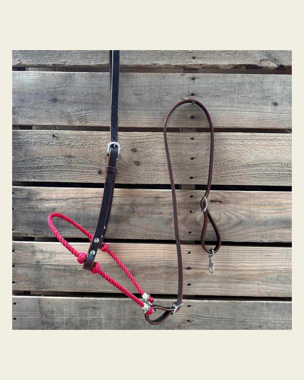 Red Single Rope Noseband Lariat with Leather Hanger #HAN103 on a warm cream background