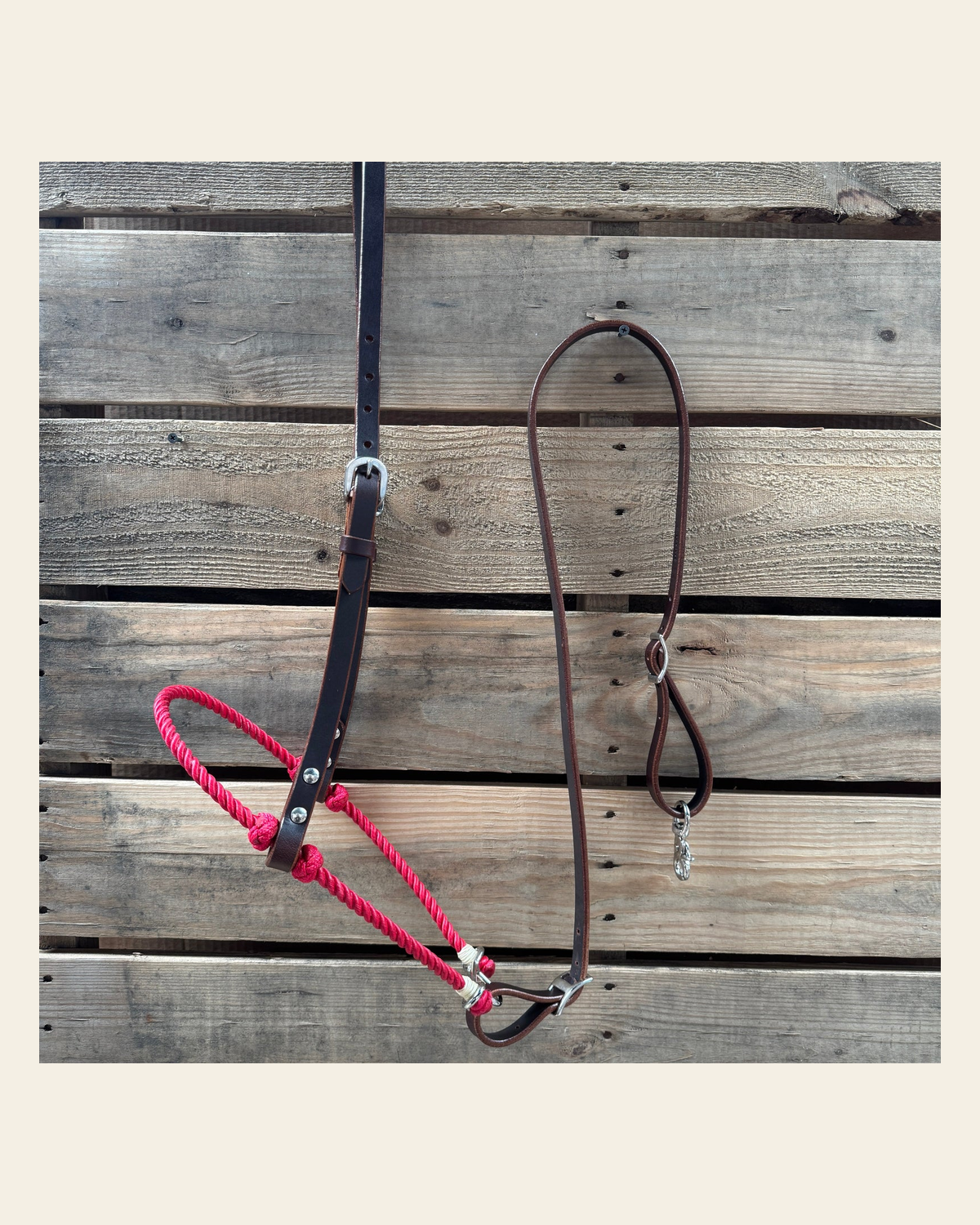 Red Single Rope Noseband Lariat with Leather Hanger #HAN103 on a warm cream background
