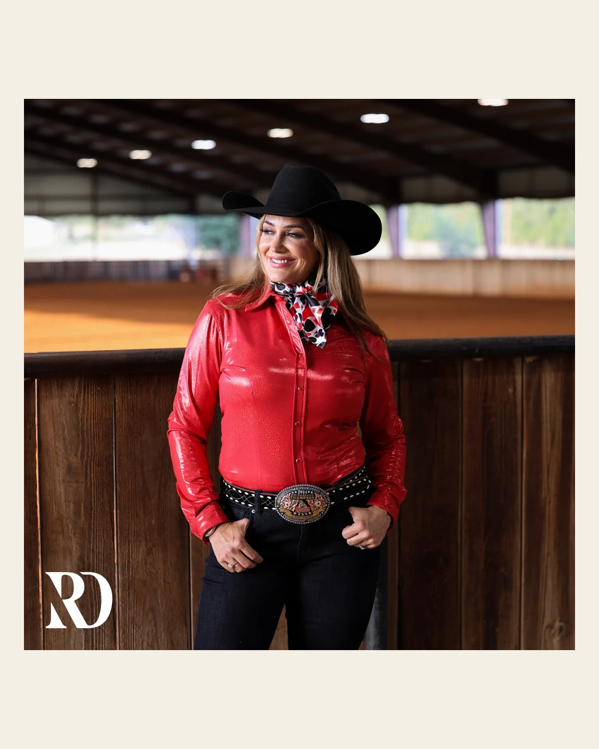 Red Sparkle Performance Rodeo Shirt on a warm cream background