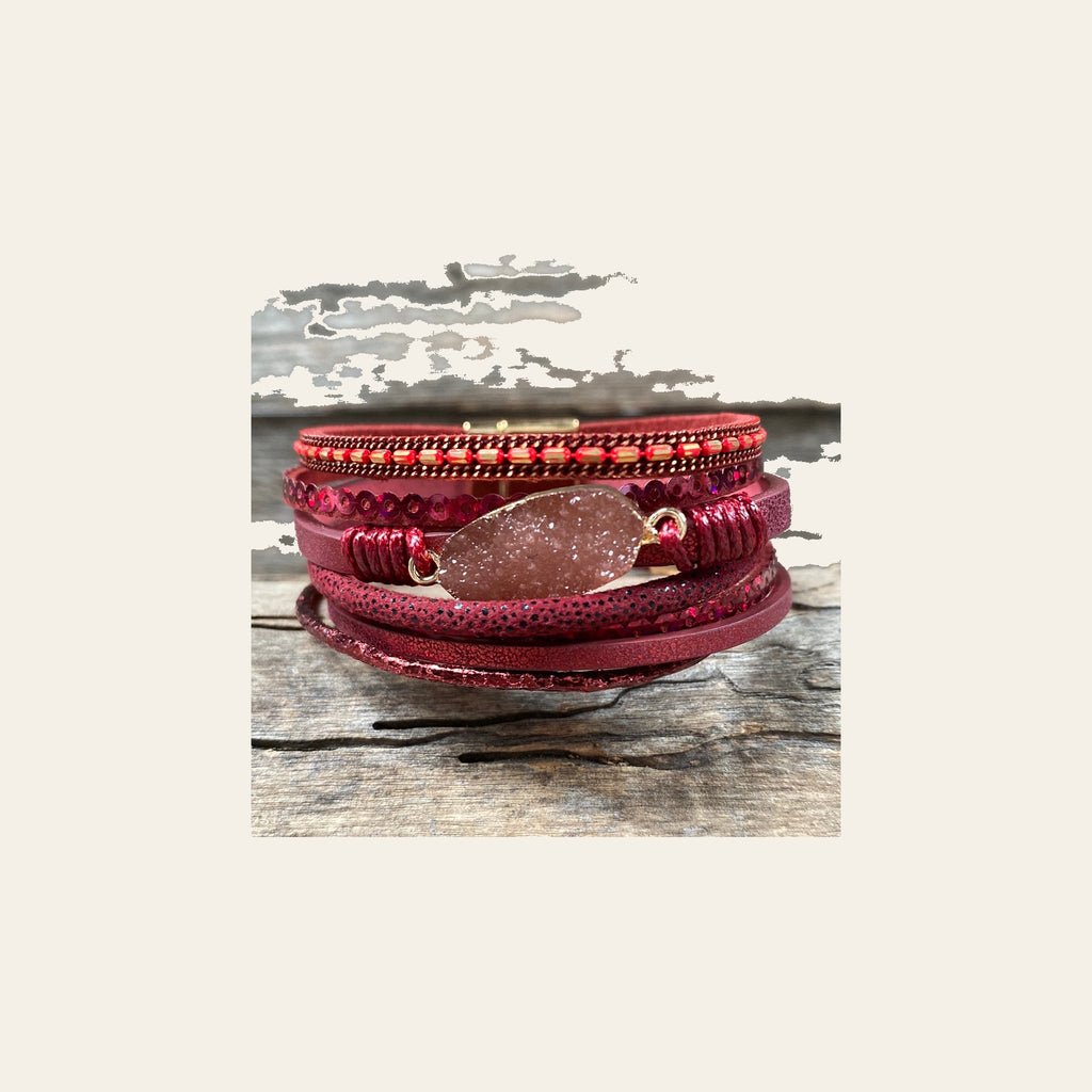 Red Stone and Leather Fashion Bracelet XI135