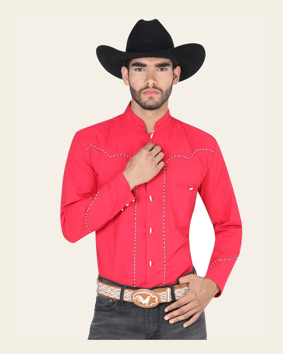 Red Western Long Sleeve Shirt 123921 on a warm cream background