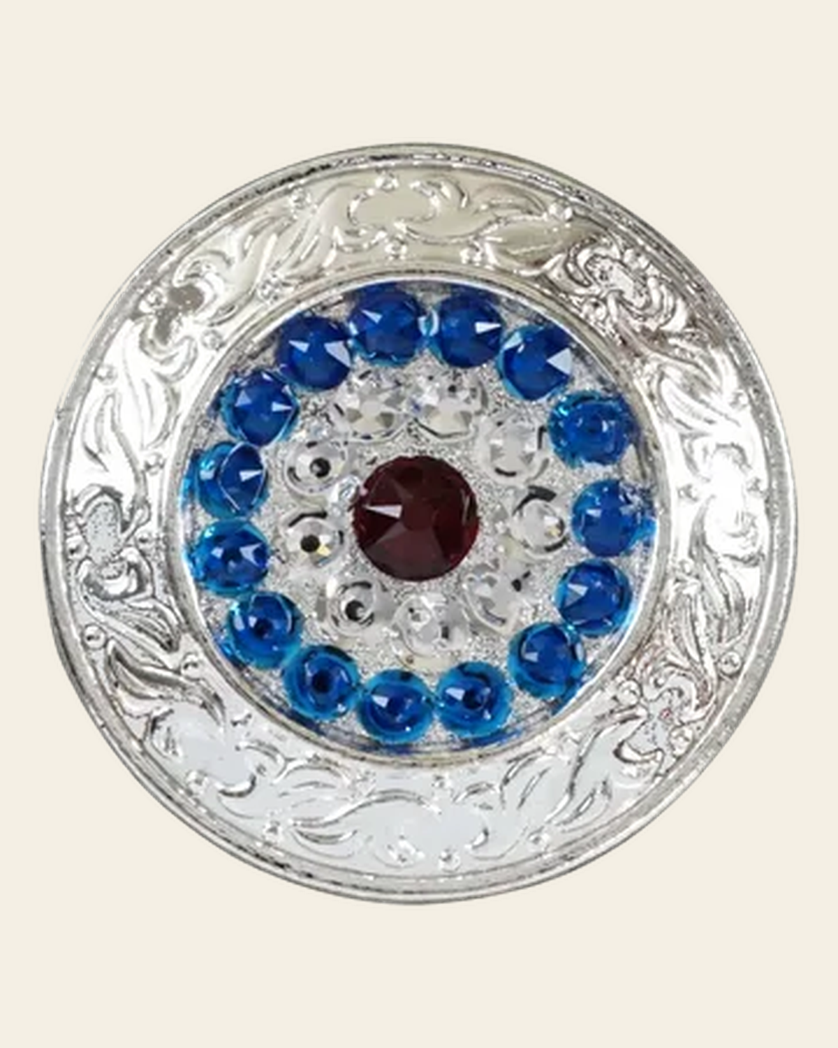 Red White & Blue Bright Silver 1.5" Disc European Crystal Concho on a warm cream background