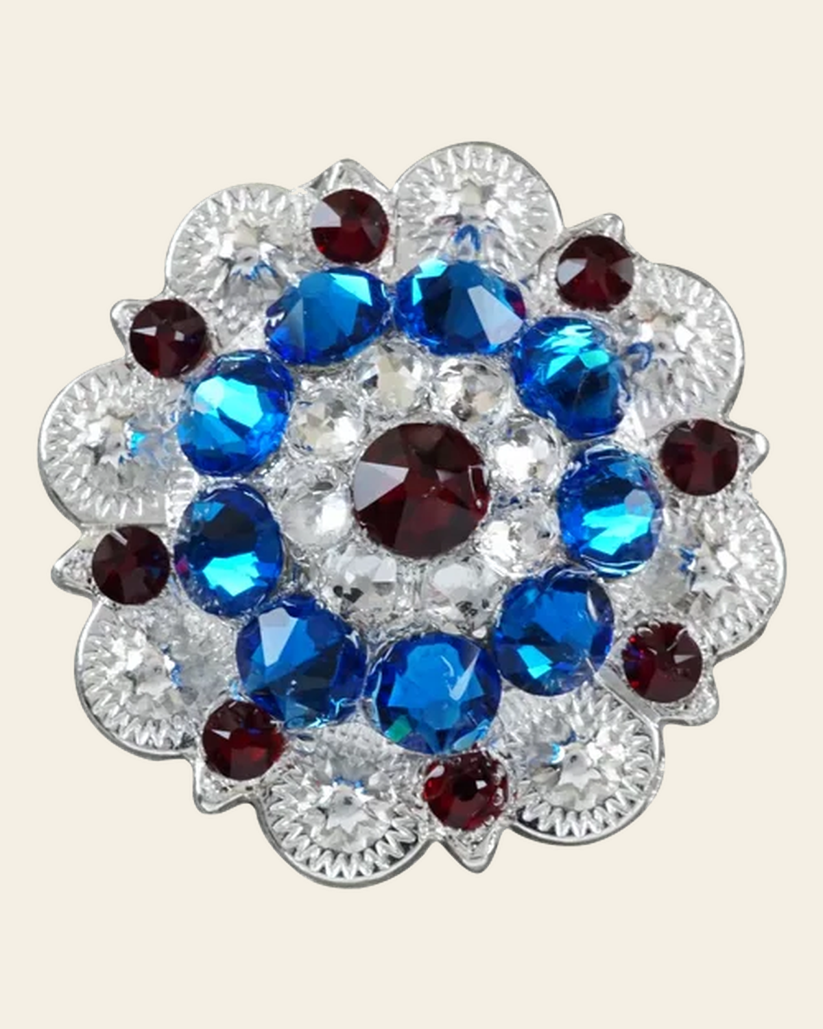 Red White & Blue Bright Silver 1.5" European Crystal Concho on a warm cream background