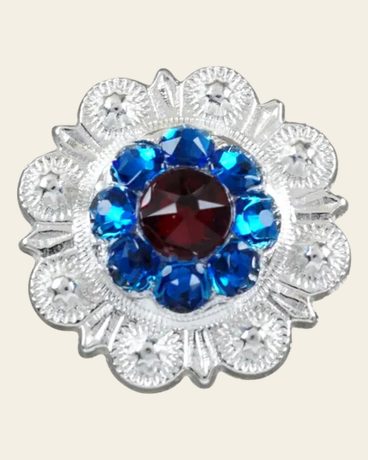 Red & Blue Bright Silver 1" European Crystal Concho on a warm cream background