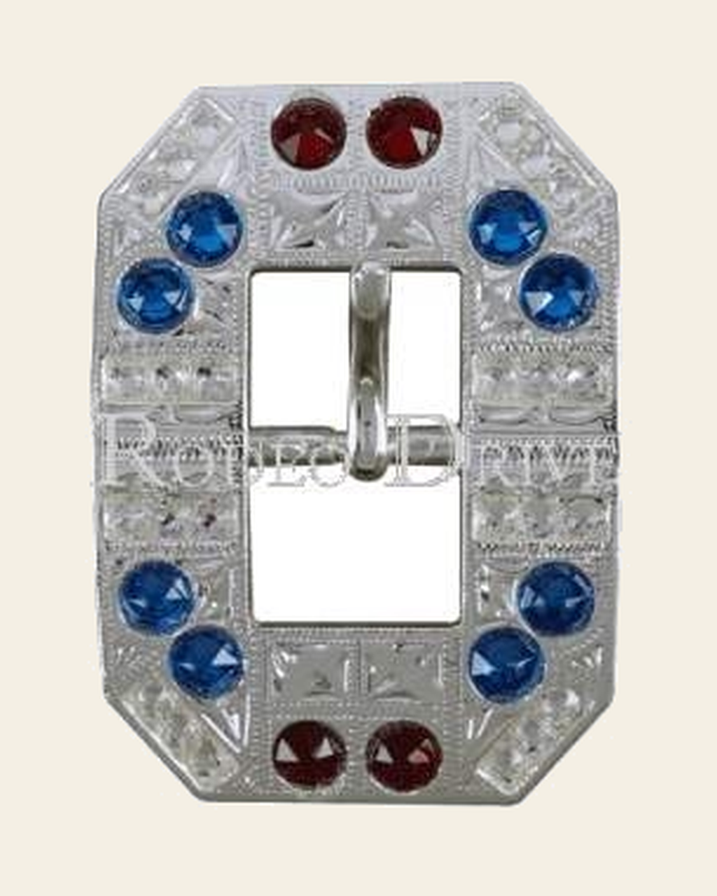 Red White & Blue Bright Silver European Crystal Square Cart Buckle on a warm cream background
