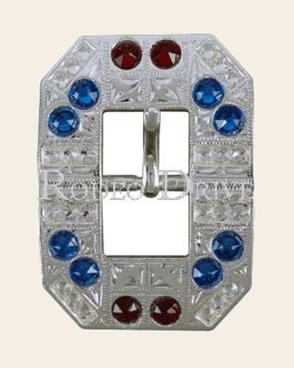 Red White & Blue Bright Silver European Crystal Square Cart Buckle on a warm cream background