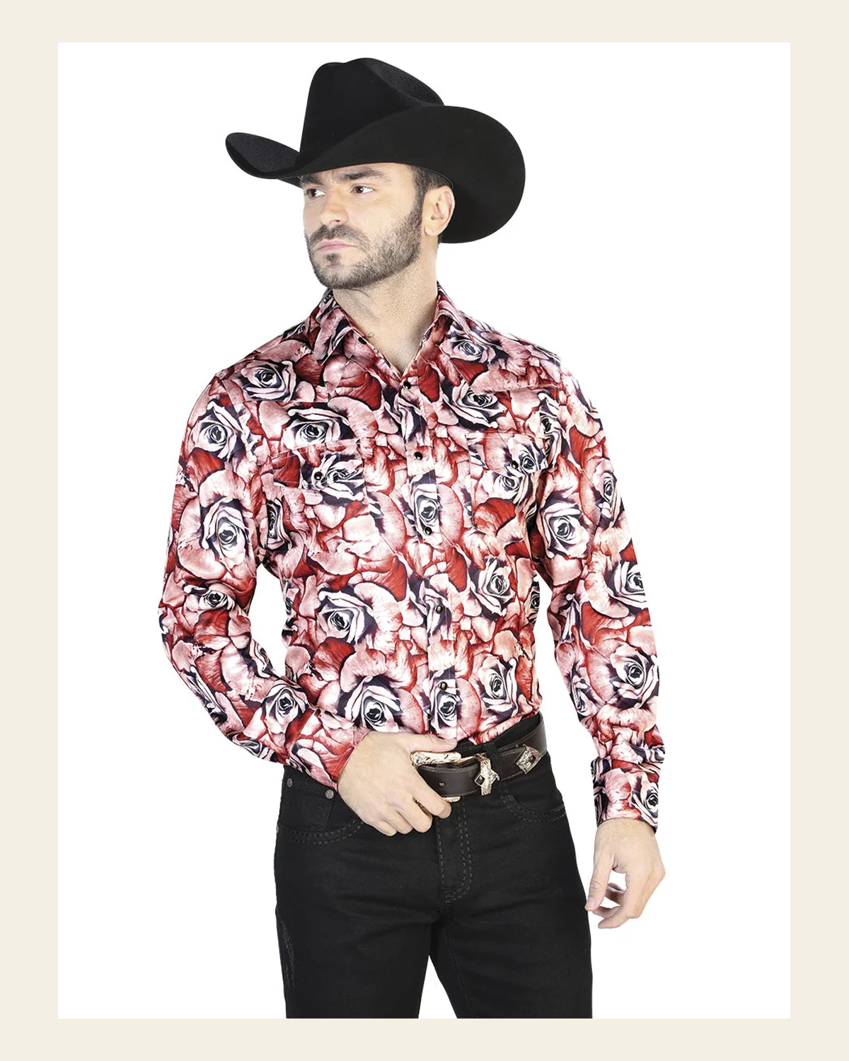 Red With Roses Casual Long Sleeve Shirt 44068 on a warm cream background