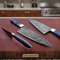 Hand-forged Fire Damascus Full-Tang Kitchen Knife – Blue Pakka Wood