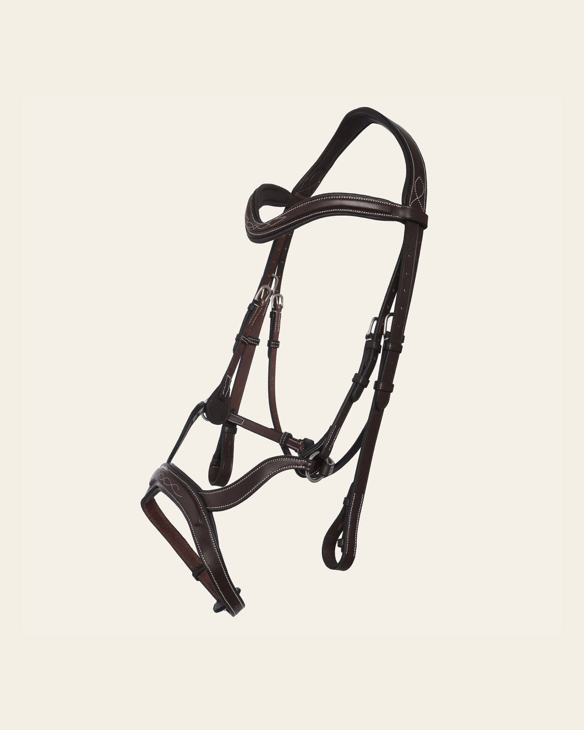 Replacement Noseband of ExionPro Anatomical Combined Flash Bridle with Reins on a warm cream background