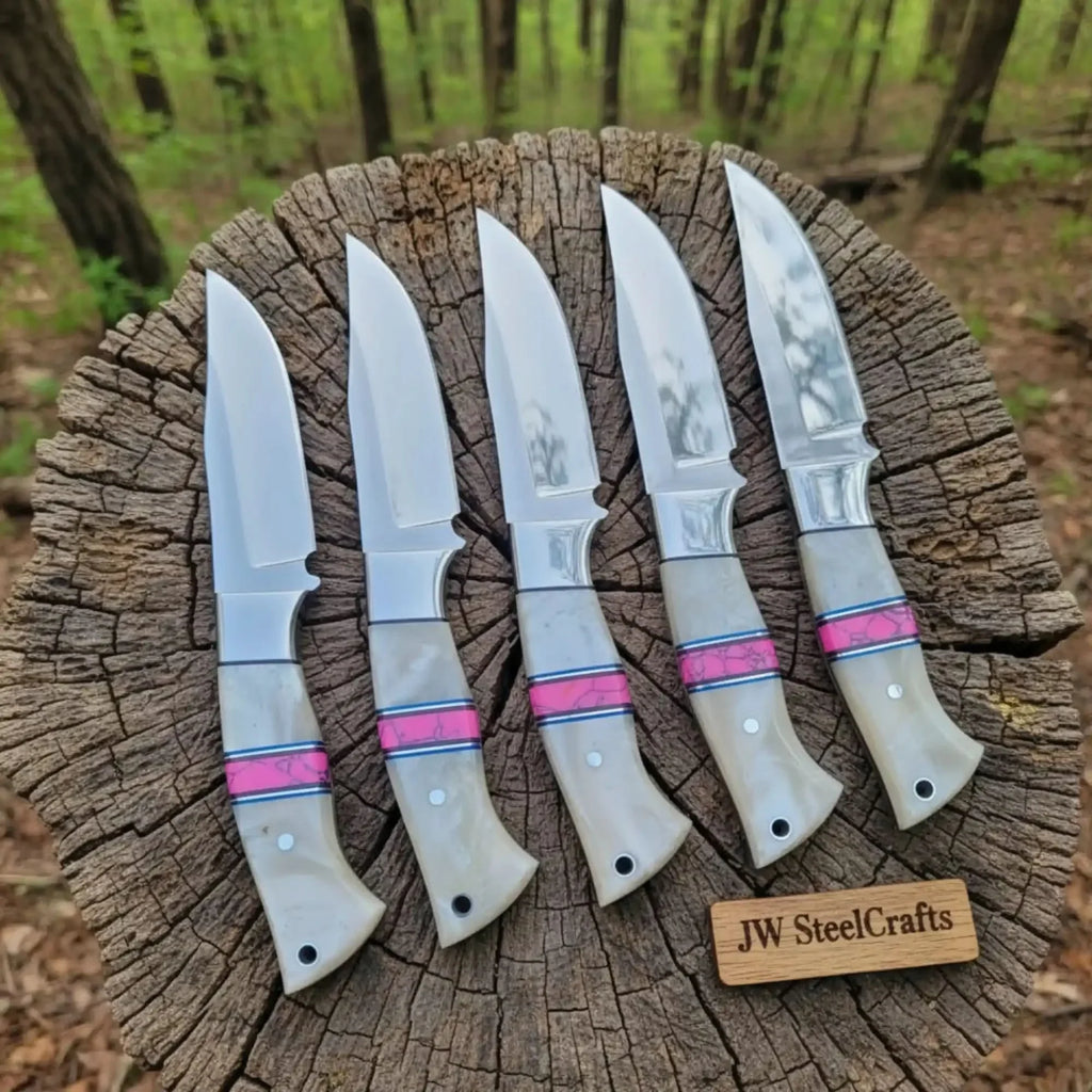 5-Piece Resin Hunting Knife Set with Cream Resin & Pink Turquoise Handles