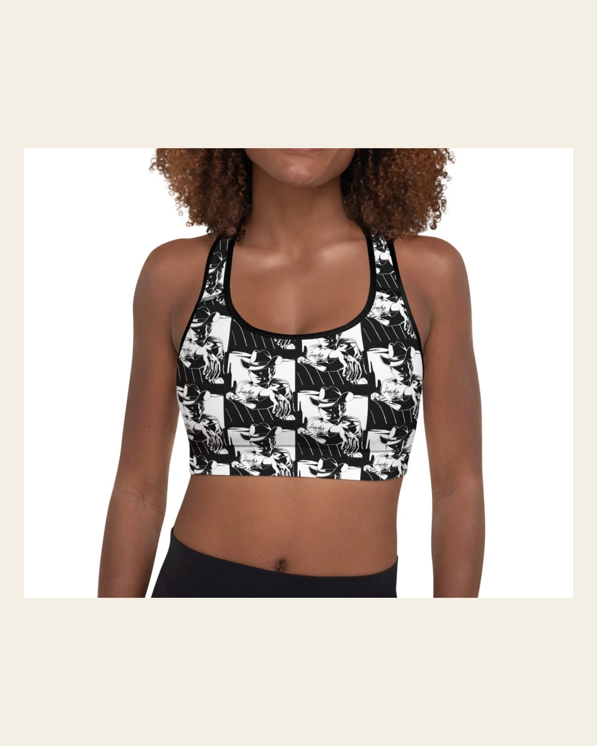 Retro Cowboy Padded Sports Bra on a warm cream background