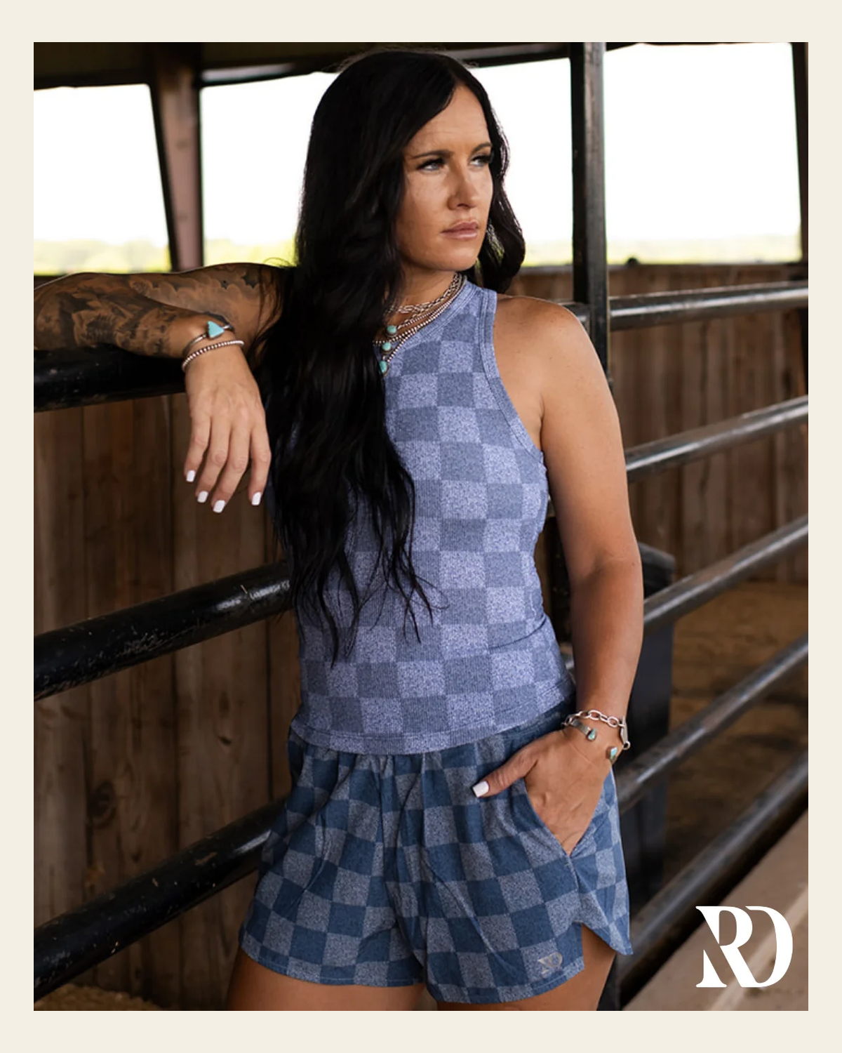 Ribbed All-in-one Tank | Denim Checkered on a warm cream background