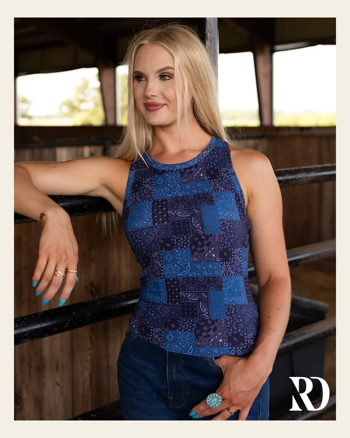 Ribbed All-in-one Tank | Denim Patchwork Bandana on a warm cream background
