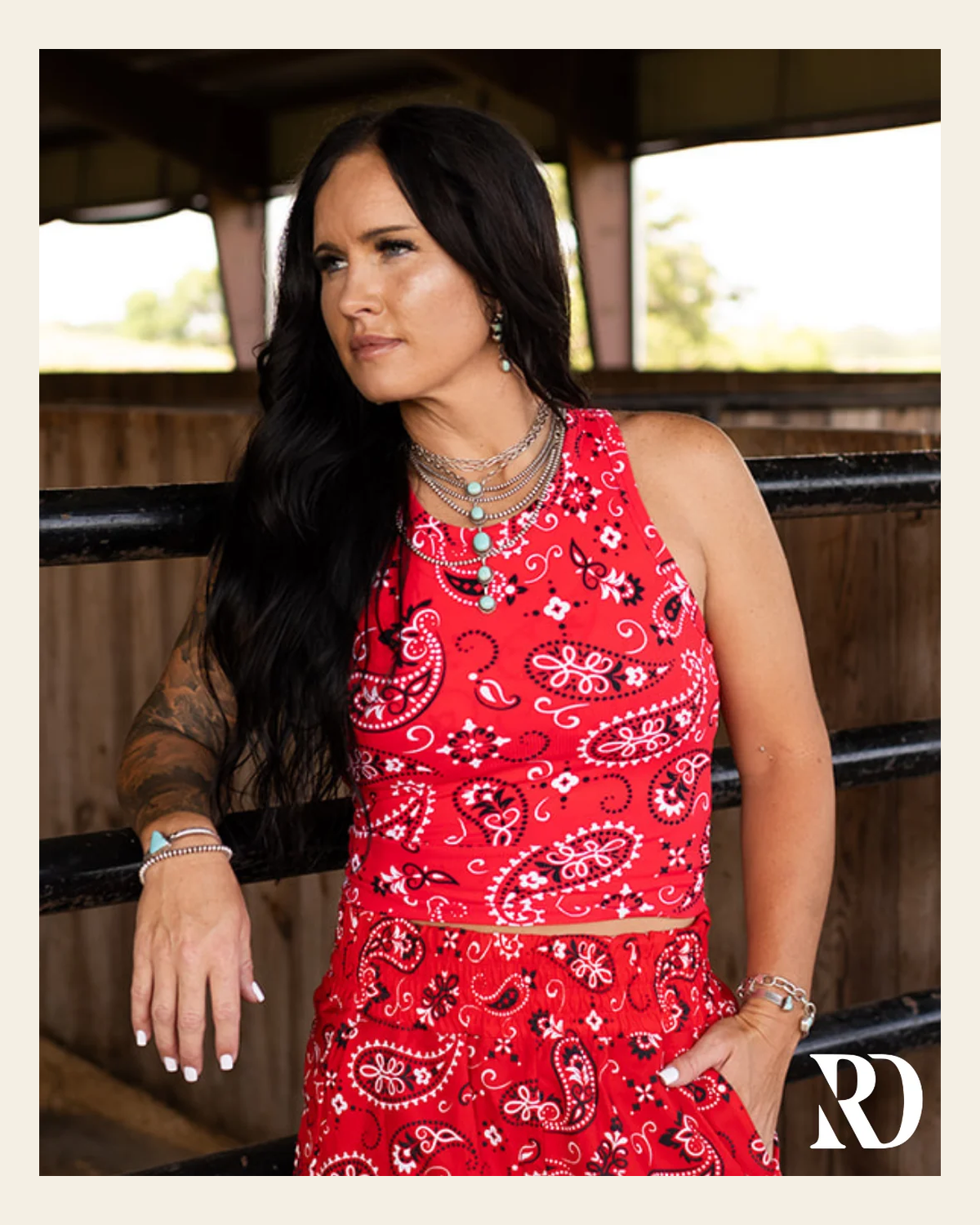 Ribbed All-in-one Tank | Red Bandana on a warm cream background
