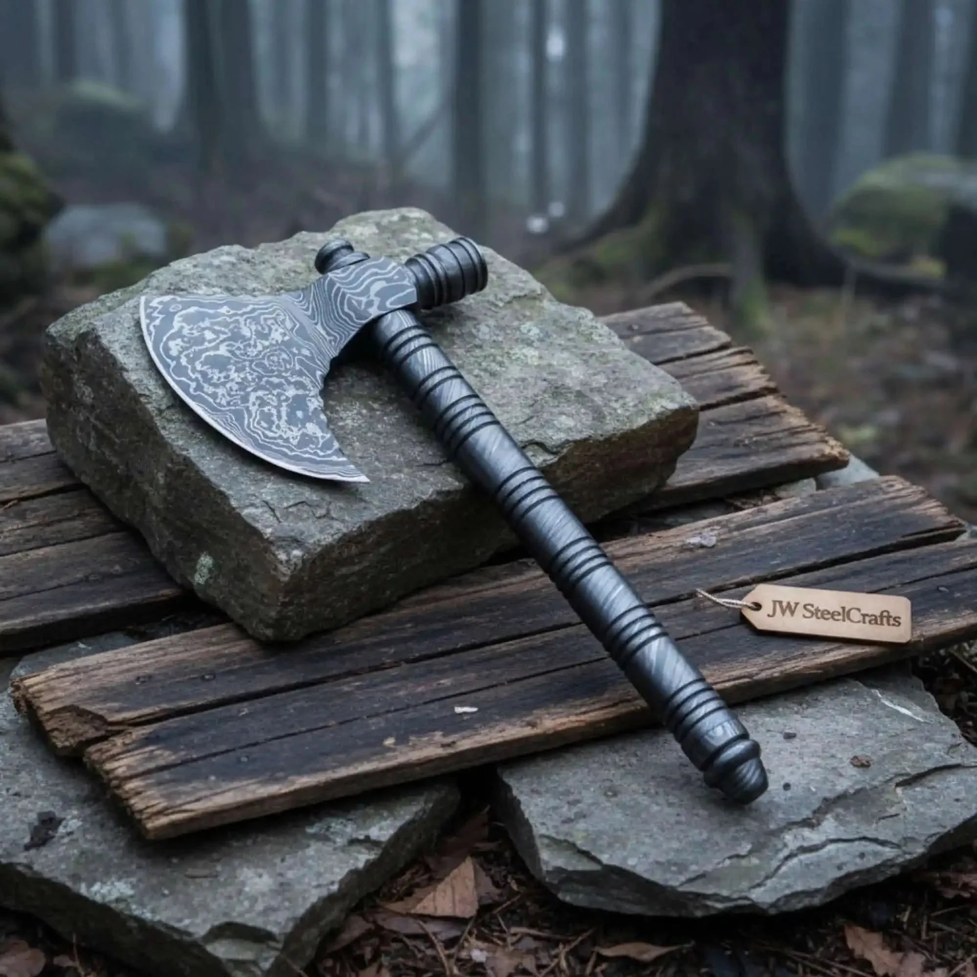 Artisan Damascus Smoking Axe – Functional Tobacco Pipe with Sculpted Hardwood Shaft