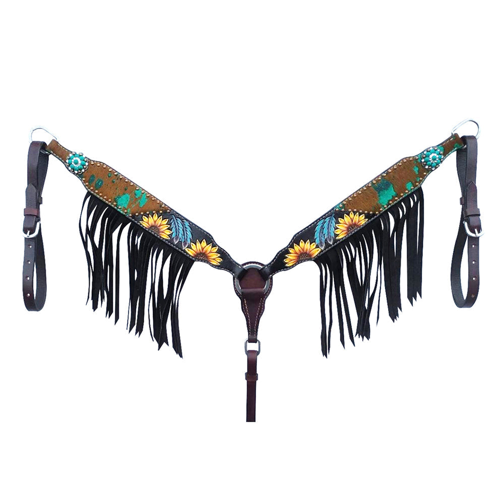 HILASON Western Horse One Ear Headstall Breast Collar Tack Set American Leather Hand Painted Brown