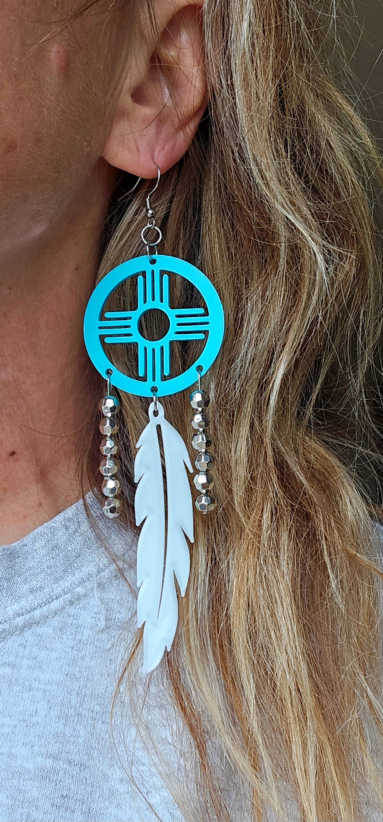 3D print Lightweight Turquoise New Mexico Zia Feather Dream Catcher Earrings Made in America by Baha Ranch Western Wear -...