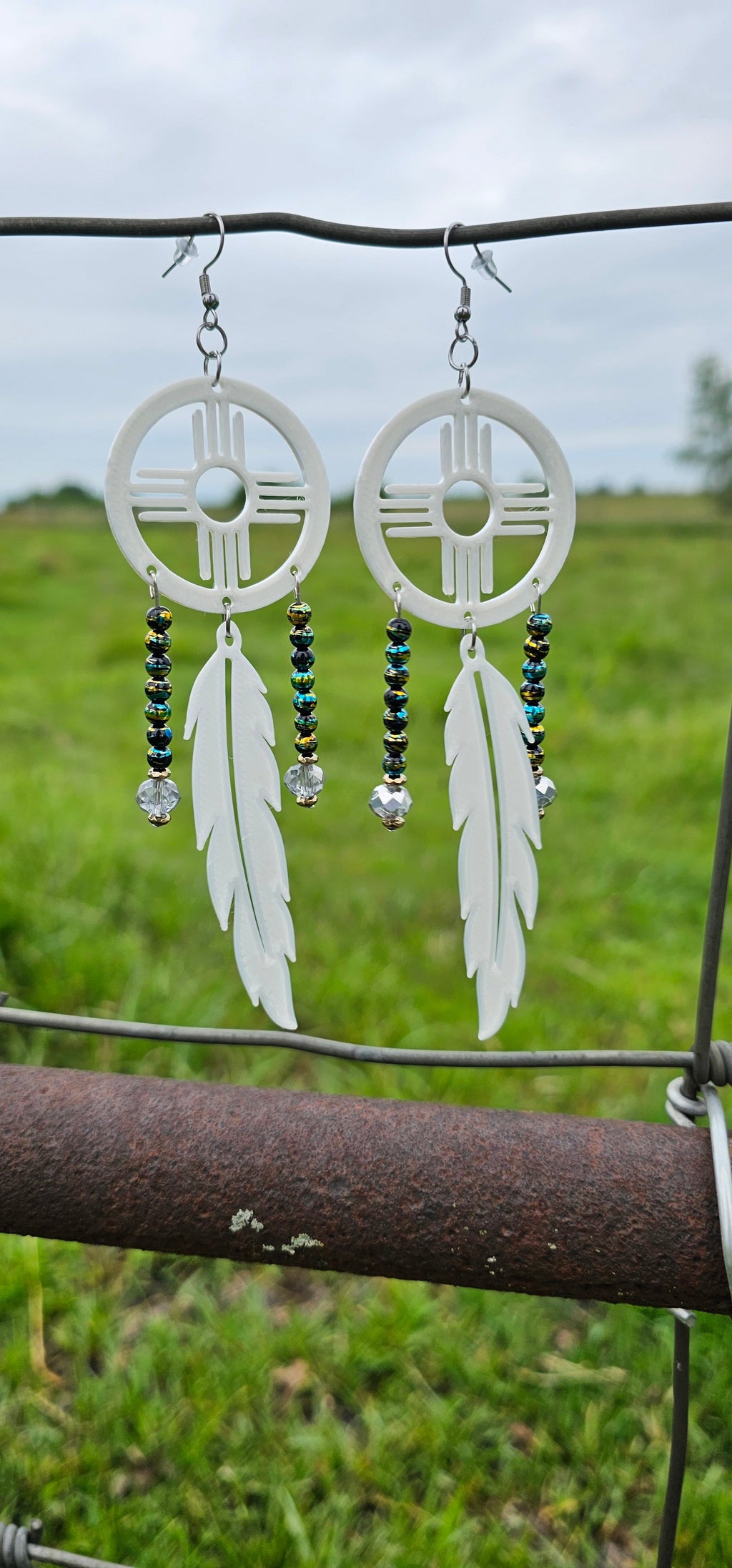 3D print Lightweight New Mexico Zia Feather Dream Catcher Earrings Made in America by Baha Ranch Western Wear - product...