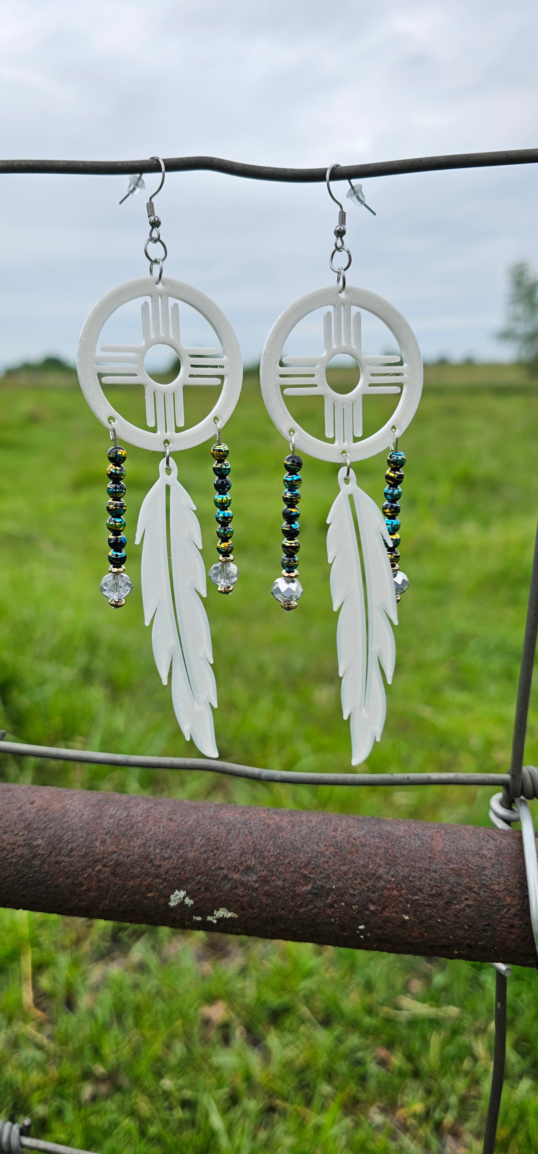 3D print Lightweight New Mexico Zia Feather Dream Catcher Earrings Made in America by Baha Ranch Western Wear - product...