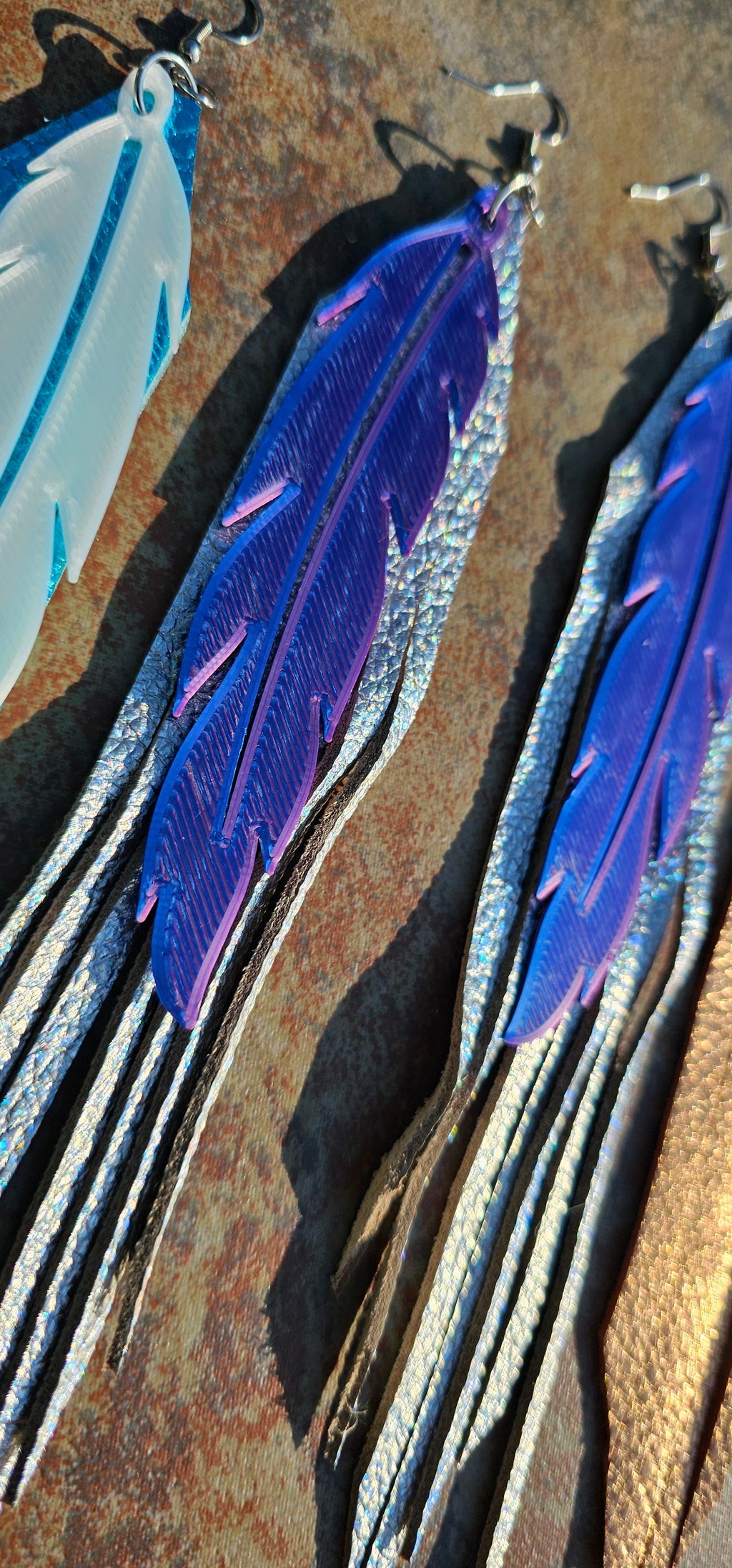 3D Printed Feather Leather Fringe Earrings Made in America by Baha Ranch Western Wear - product image 3