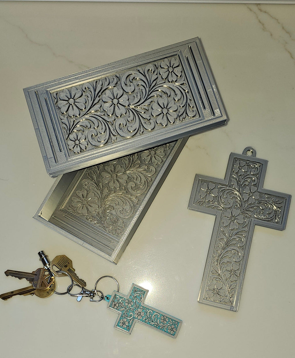 3d Print Silver Tooled Trinket Gift Box or Keychain or Wall Cross by Baha Ranch Western Wear - product image 2