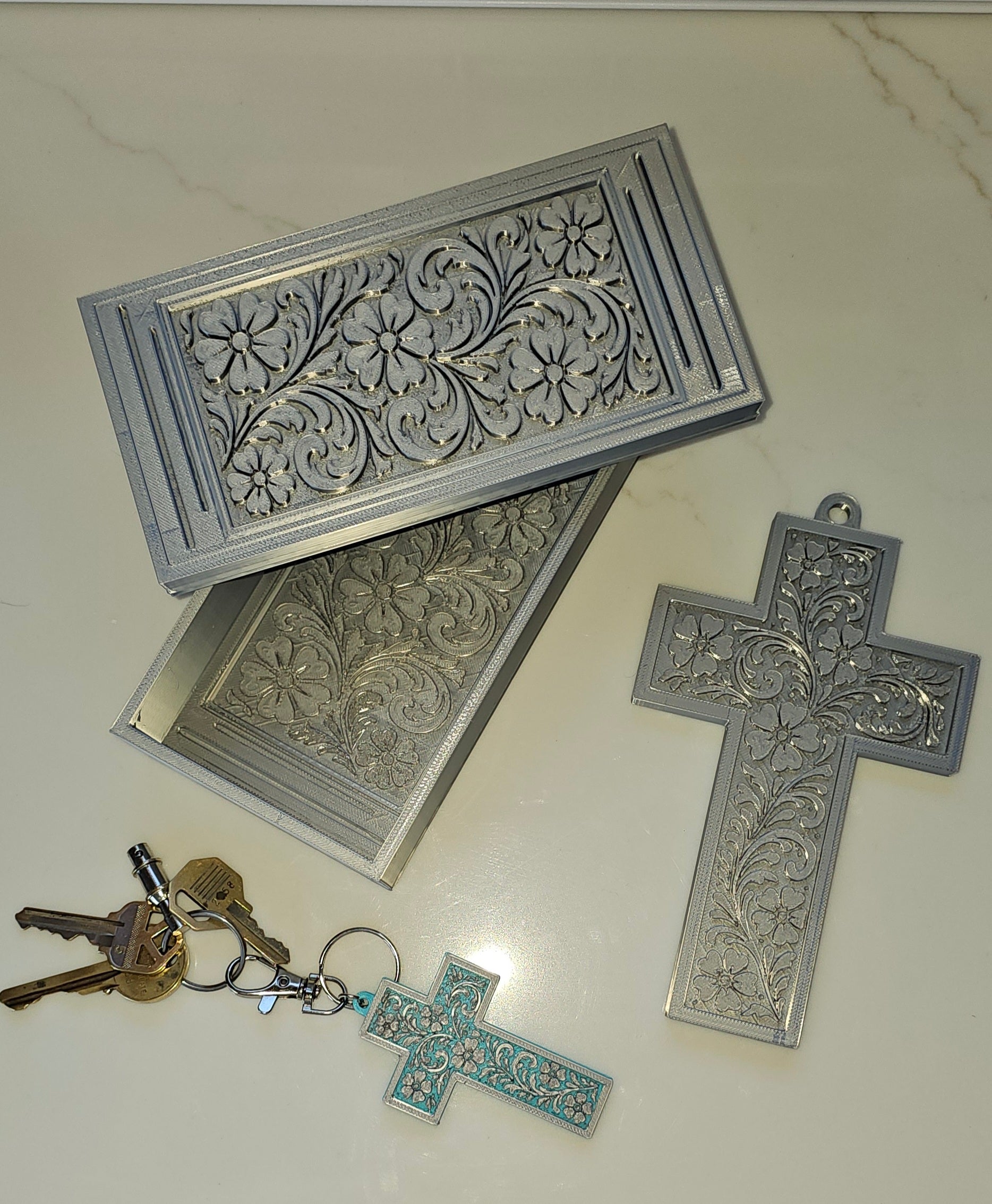 3d Print Silver Tooled Trinket Gift Box or Keychain or Wall Cross by Baha Ranch Western Wear - product image 2