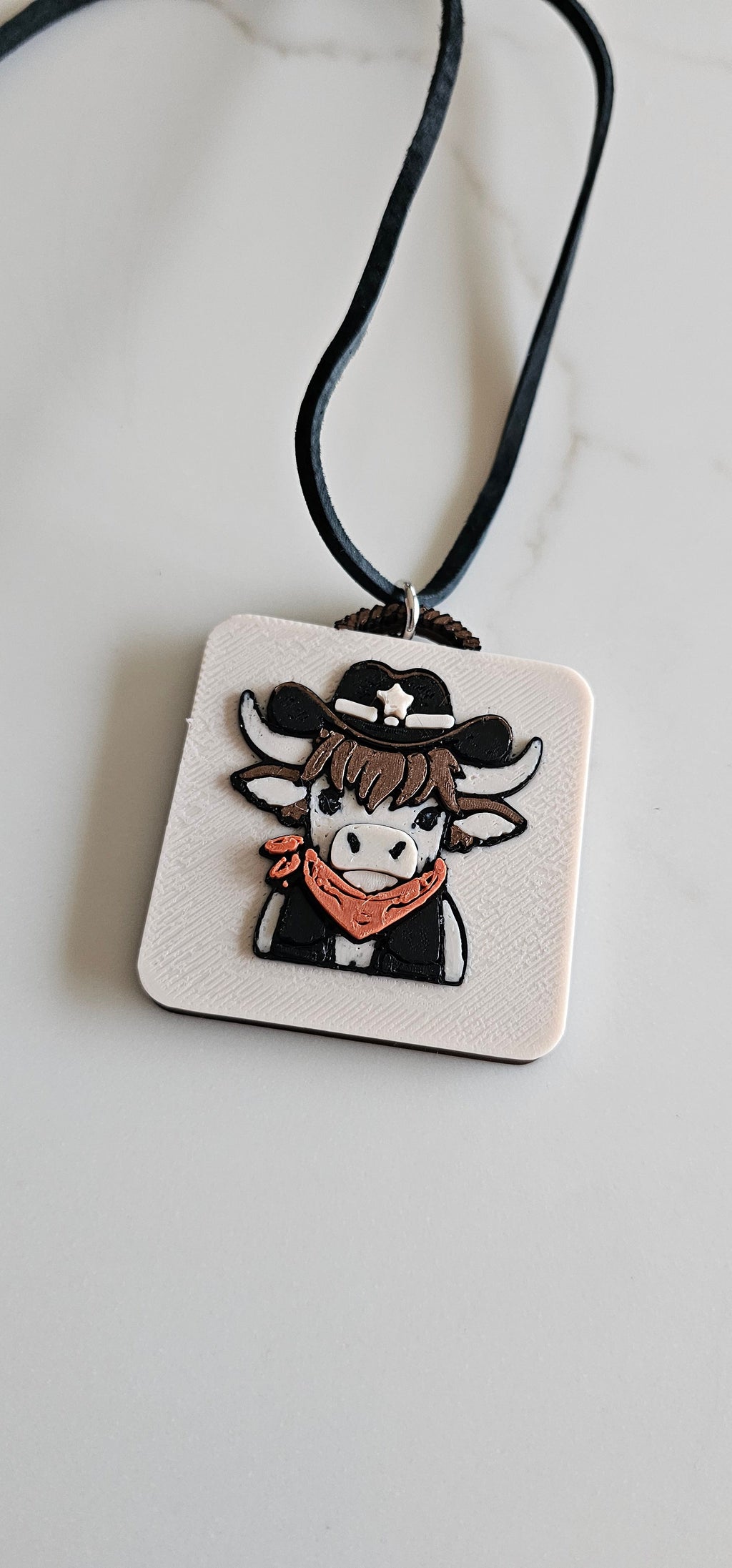 3D Print Cowboy Highland Cow Picture Necklace, Keychain or Purse Charm on Suede Leather Western Made in America by Baha...