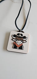 3D Print Cowboy Highland Cow Picture Necklace, Keychain or Purse Charm on Suede Leather Western Made in America by Baha...