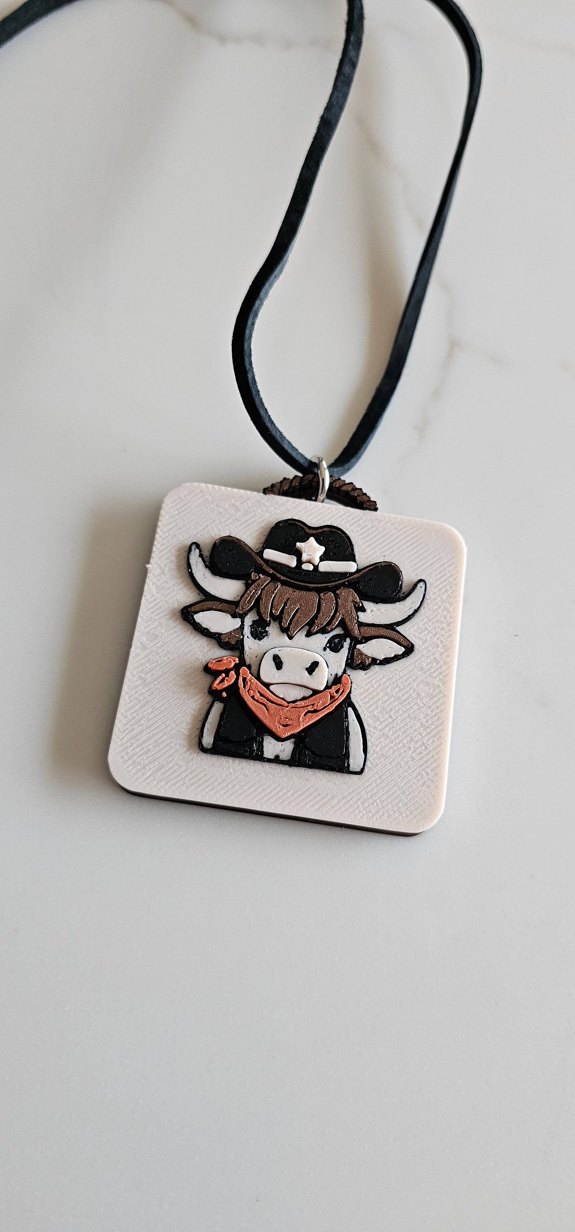 3D Print Cowboy Highland Cow Picture Necklace, Keychain or Purse Charm on Suede Leather Western Made in America by Baha...