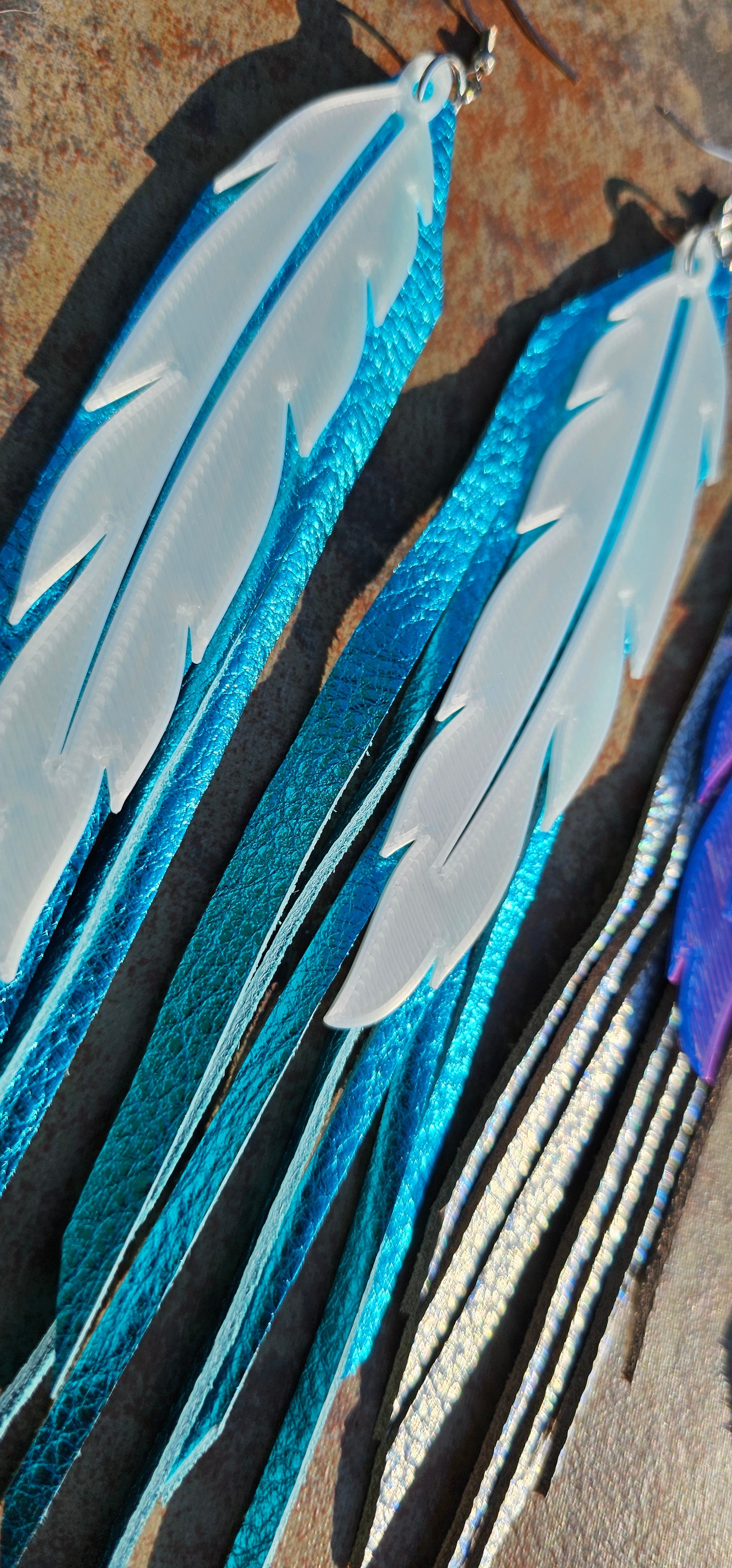 3D Printed Feather Leather Fringe Earrings Made in America by Baha Ranch Western Wear - product image 3
