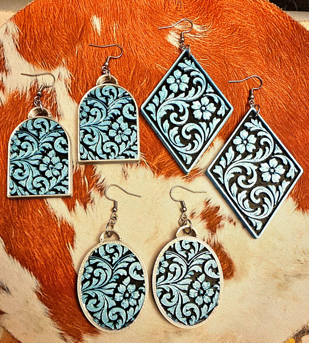 3D Print Western Tooled Turquoise Earrings Made in America by Baha Ranch Western Wear
