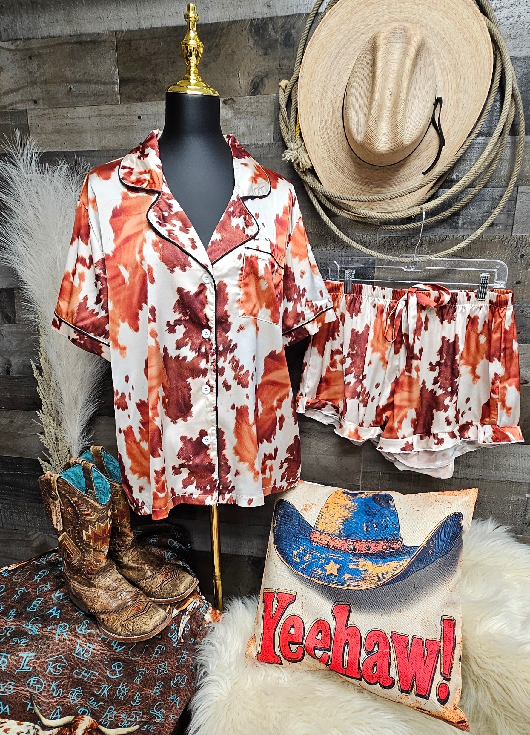 Baha Ranch Cow Hide Print Western Cowgirl Satin Pajama Set by Baha Ranch Western Wear
