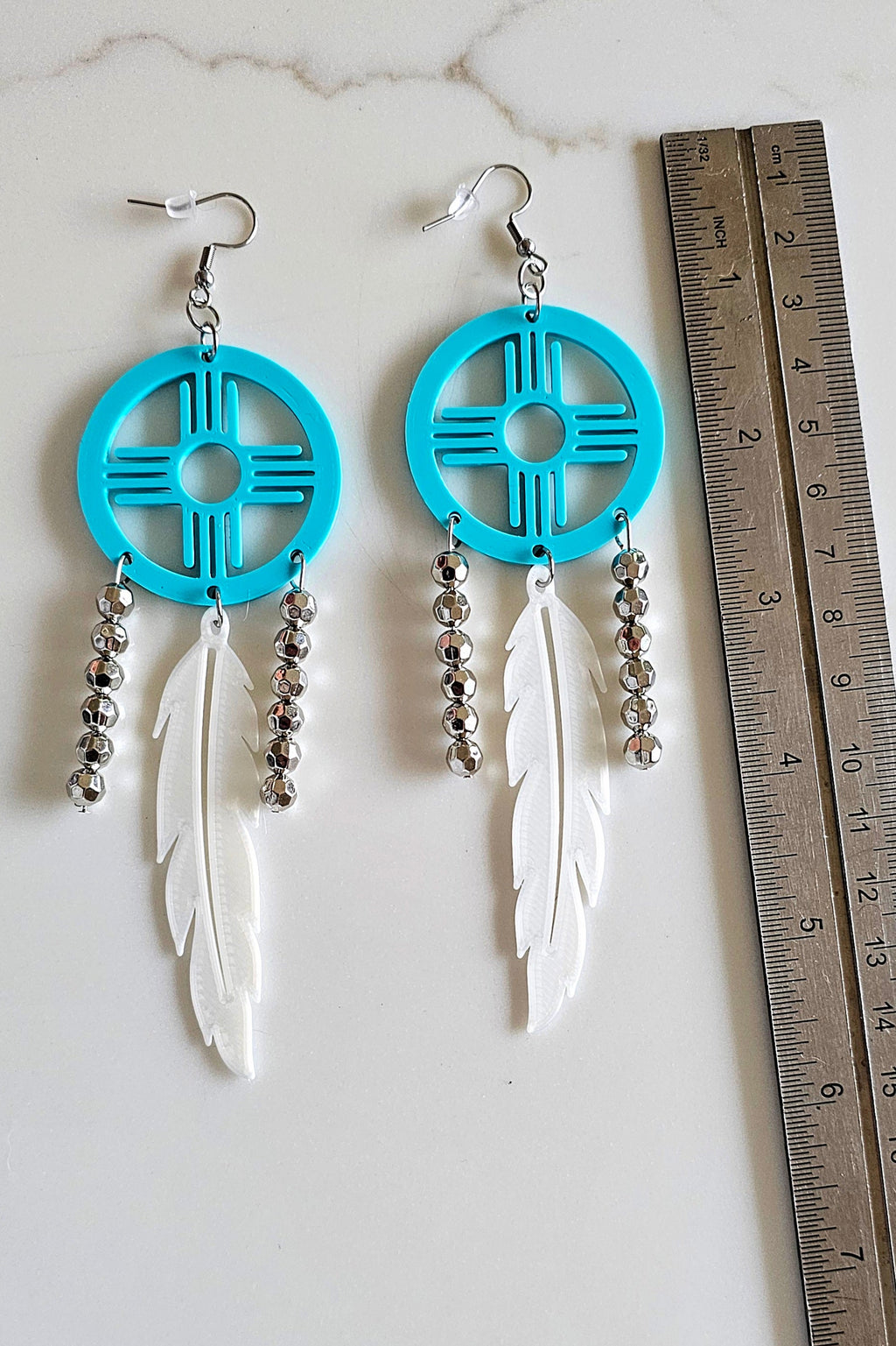 3D print Lightweight Turquoise New Mexico Zia Feather Dream Catcher Earrings Made in America by Baha Ranch Western Wear -...
