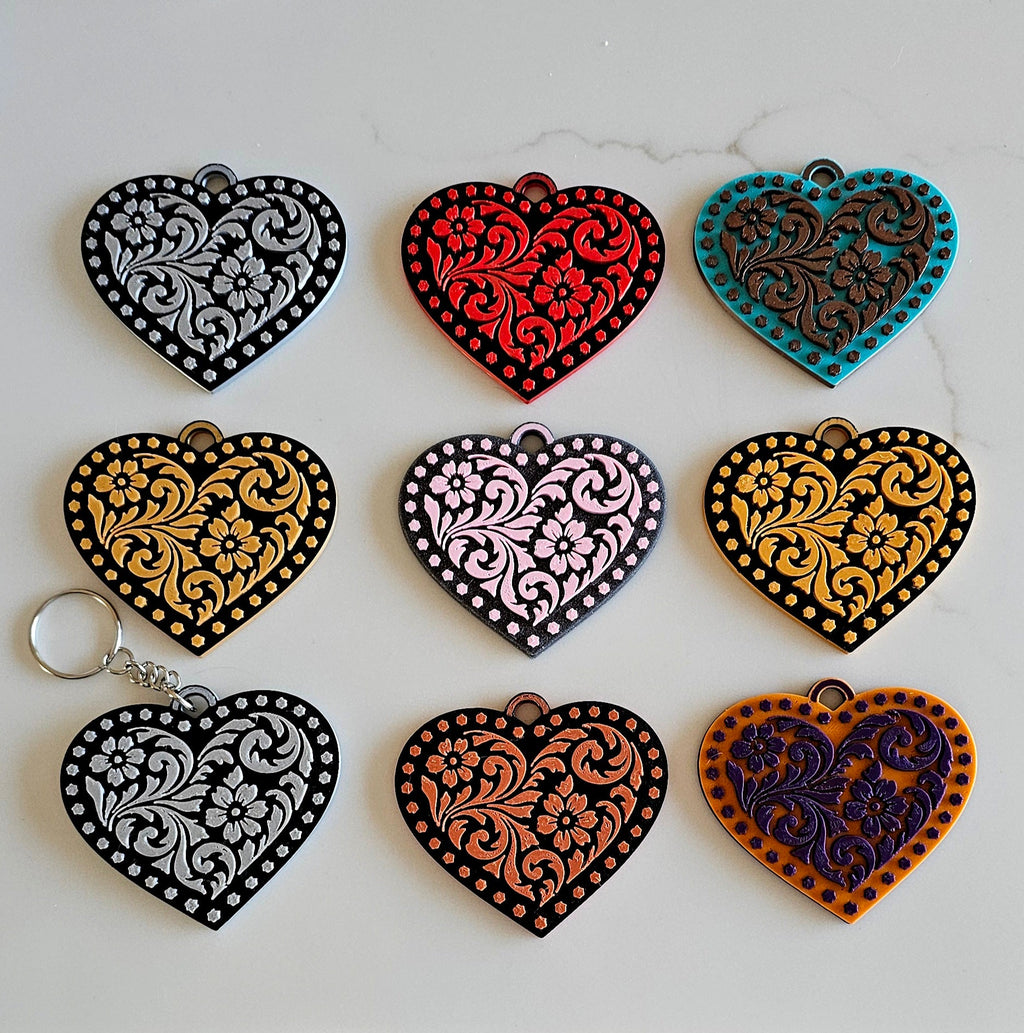 3d Printed Tooled Cowboy Cowgirl Heart Keychain or Purse Charm by Baha Ranch Western Wear