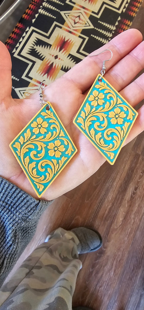 3D Print Western Tooled Mustard Gold on Turquoise Earrings Made in America by Baha Ranch Western Wear - product image 2