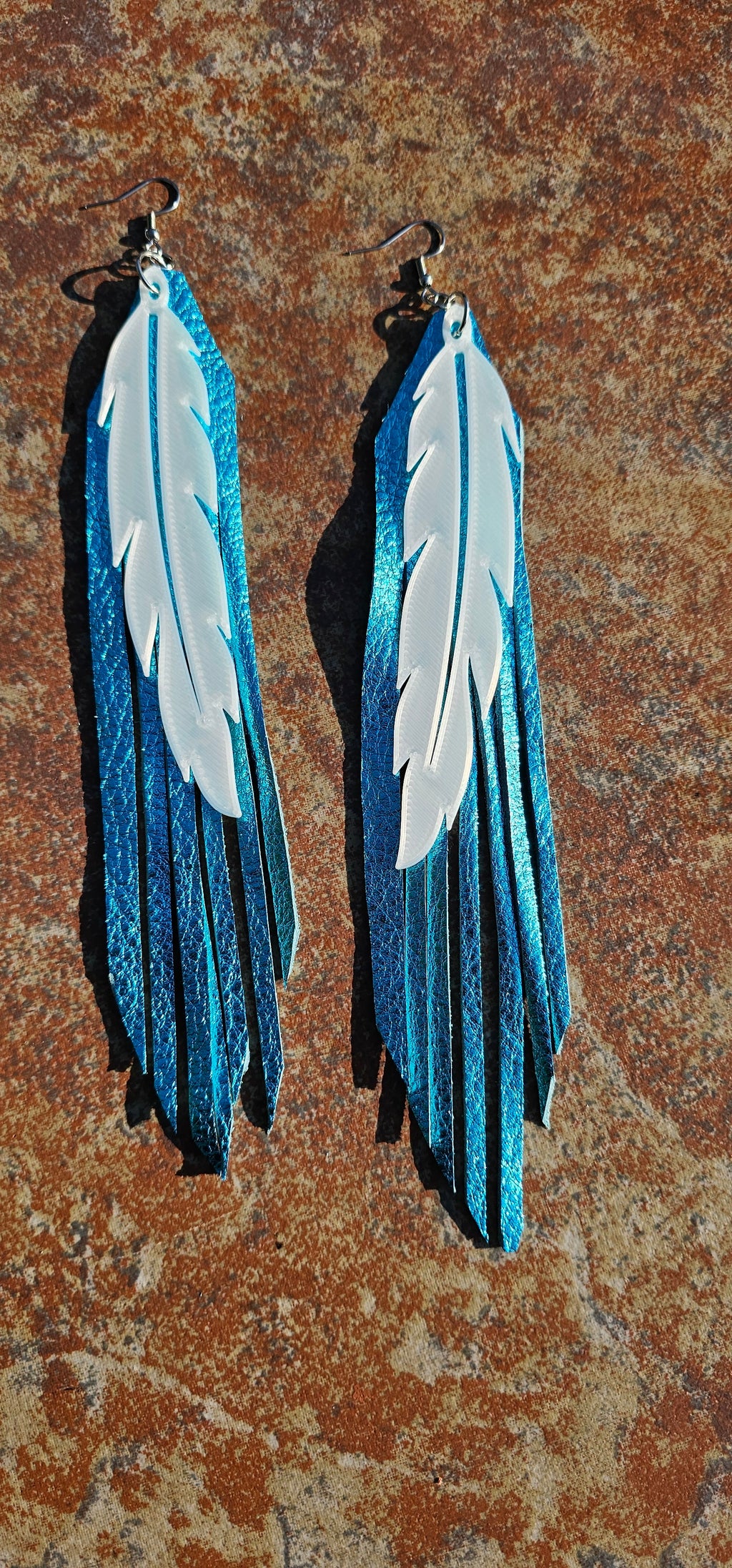 3D Printed Feather Leather Fringe Earrings Made in America by Baha Ranch Western Wear