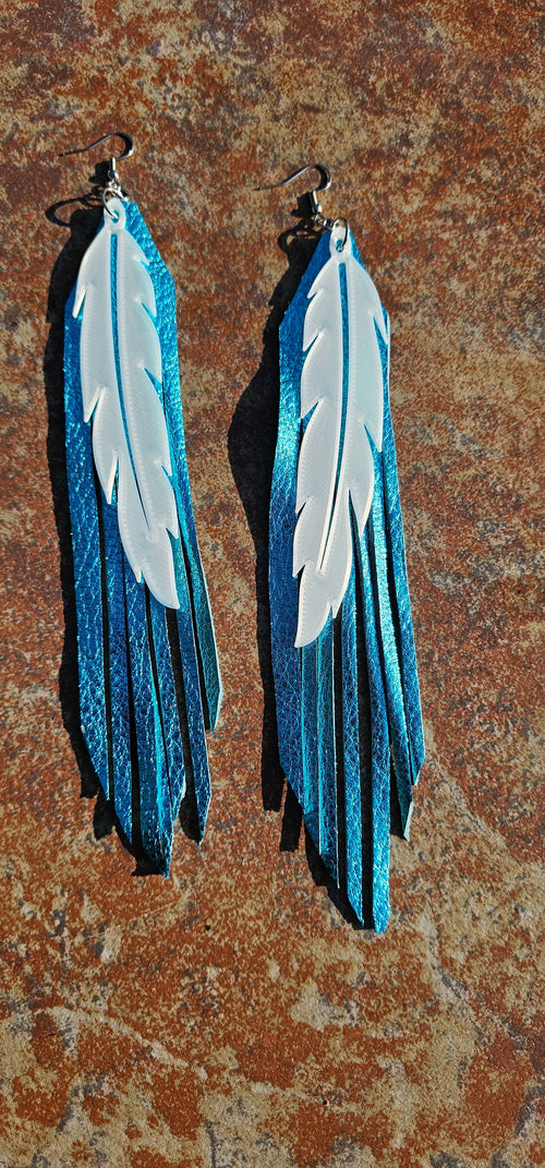 3D Printed Feather Leather Fringe Earrings Made in America by Baha Ranch Western Wear