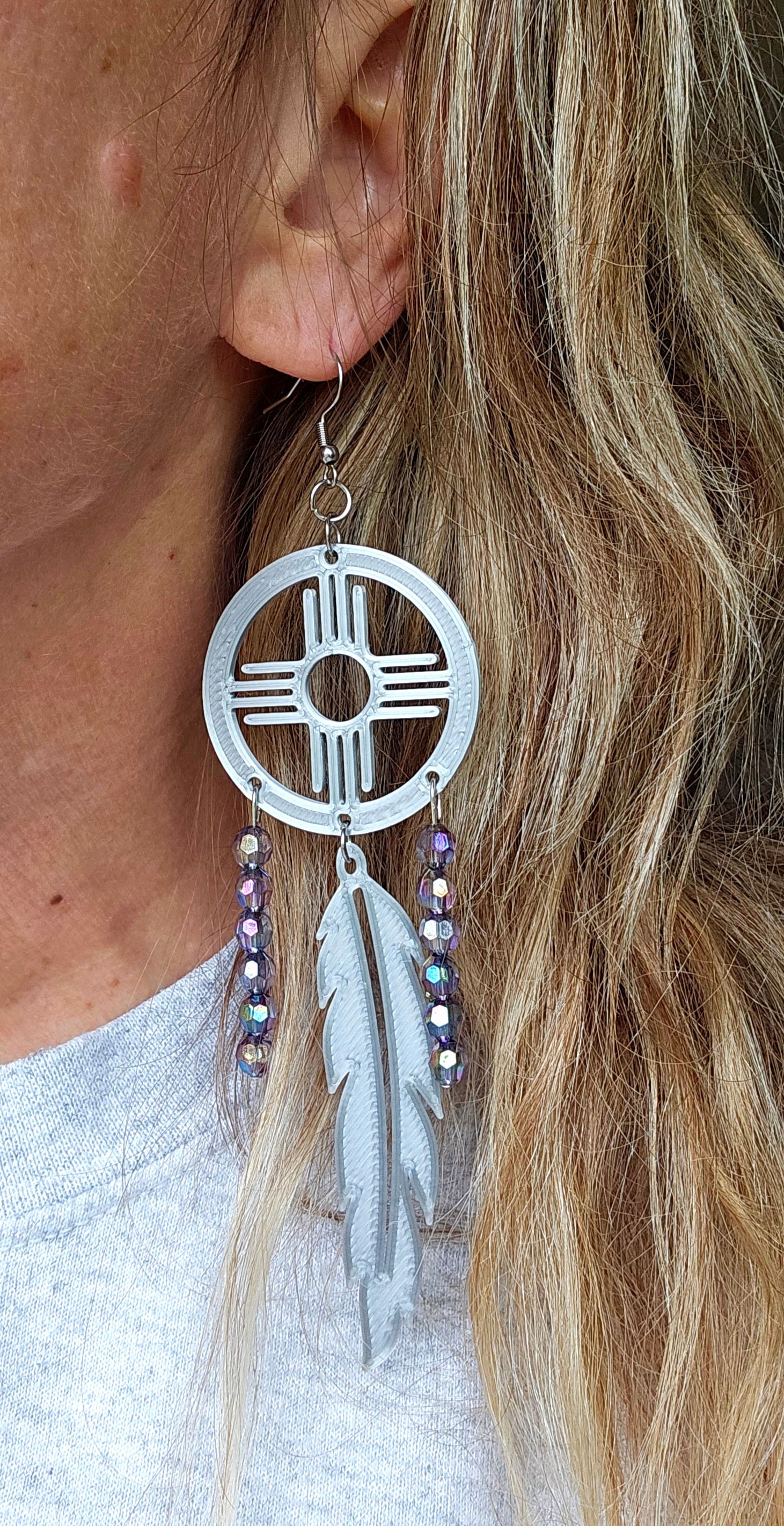 3D print Lightweight Silver New Mexico Zia Feather Dream Catcher Earrings Made in America by Baha Ranch Western Wear -...
