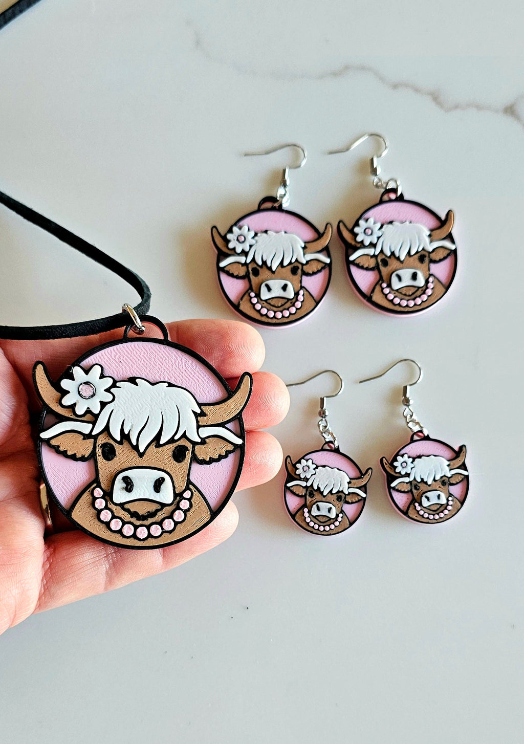3d Western Cowgirl Cowboy Highland Cow Theme - Necklace, Purse Charm, Earrings, Keychain, Magnet by Baha Ranch Western Wear