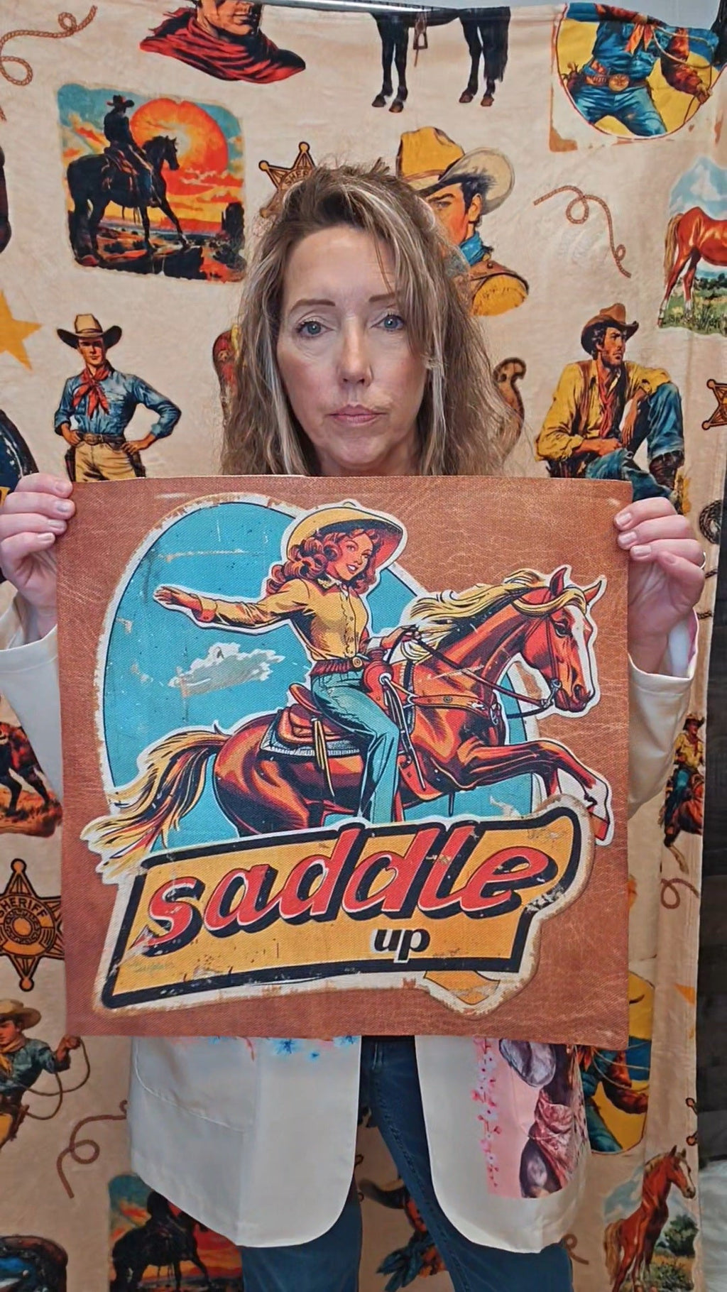 Baha Ranch Saddle Up Vintage Cowgirl Throw Pillow Case 18x18inch Made in America by Baha Ranch Western Wear