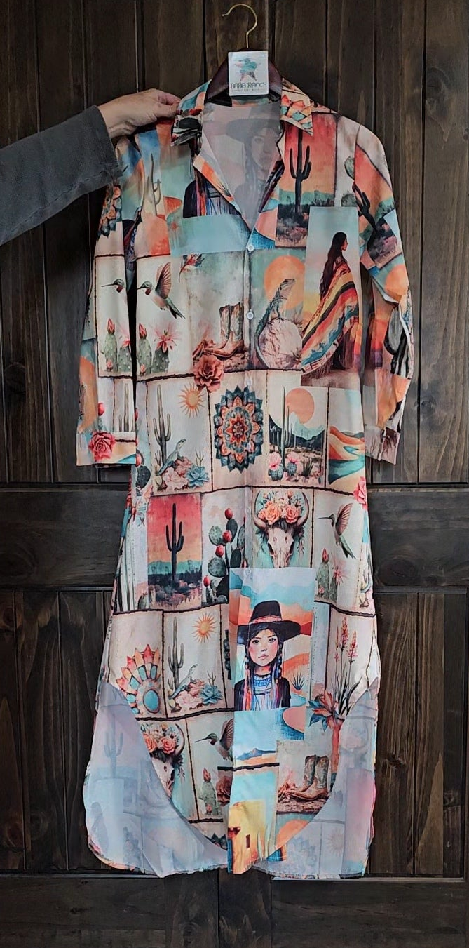 Baha Ranch Colores de Mexico Pictures of the Southwest Button-Up Long Sleeve Shirt Dress Duster by Baha Ranch Western...