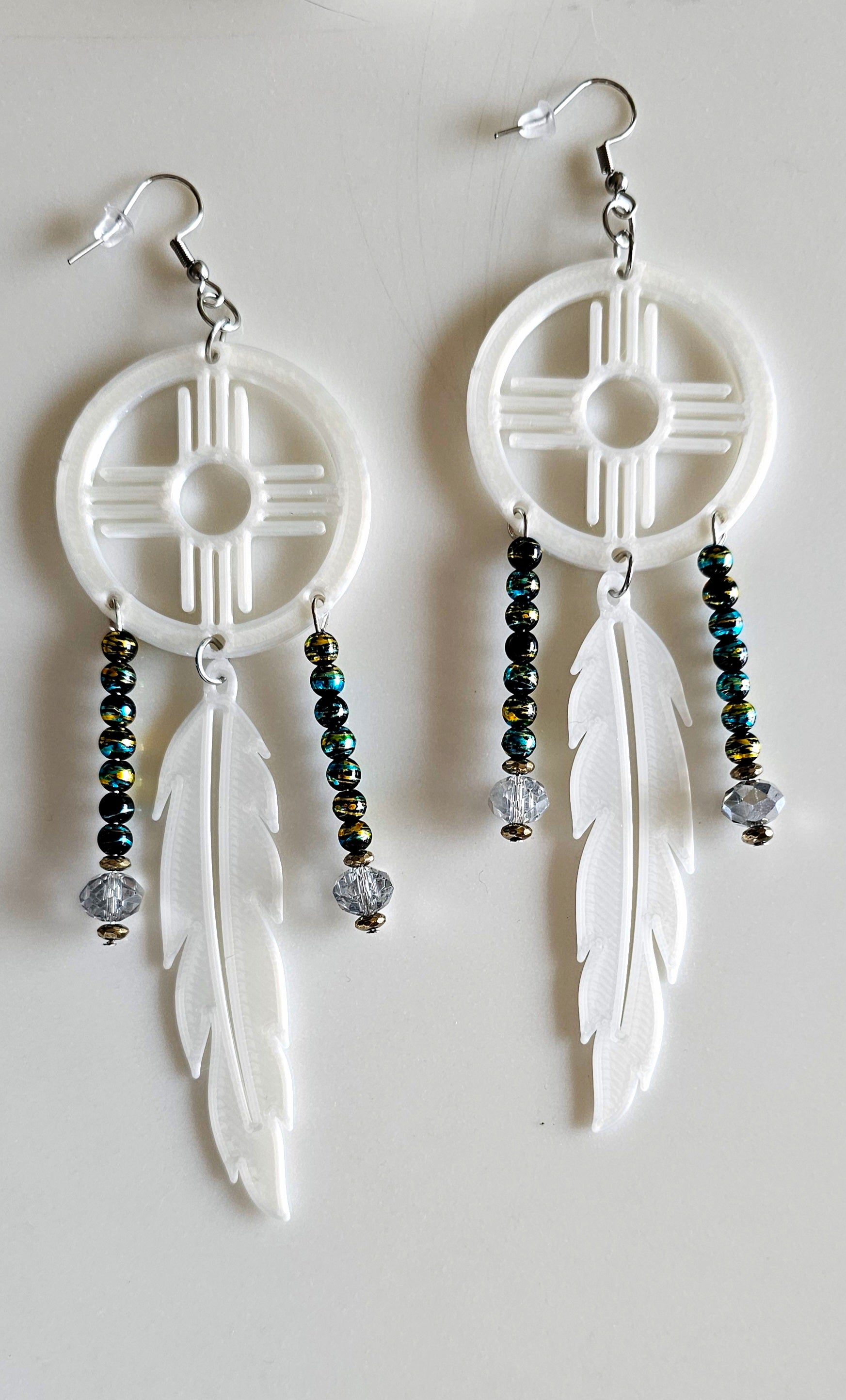 3D print Lightweight New Mexico Zia Feather Dream Catcher Earrings Made in America by Baha Ranch Western Wear - product...