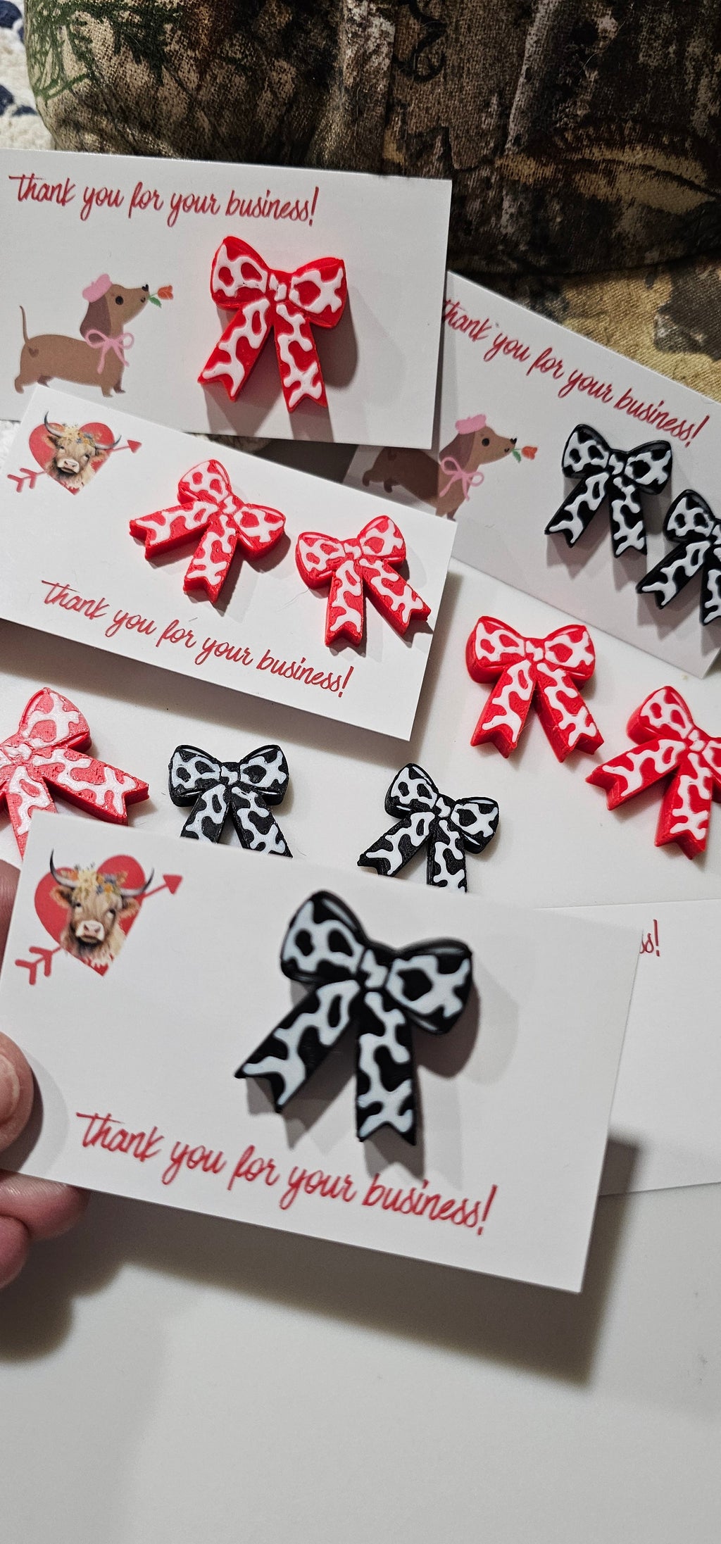 Bag of 25 -Boutique 3d Printed Package Inserts Cow Print Bows Pins or Earrings Made in America by Baha Ranch Western Wear...